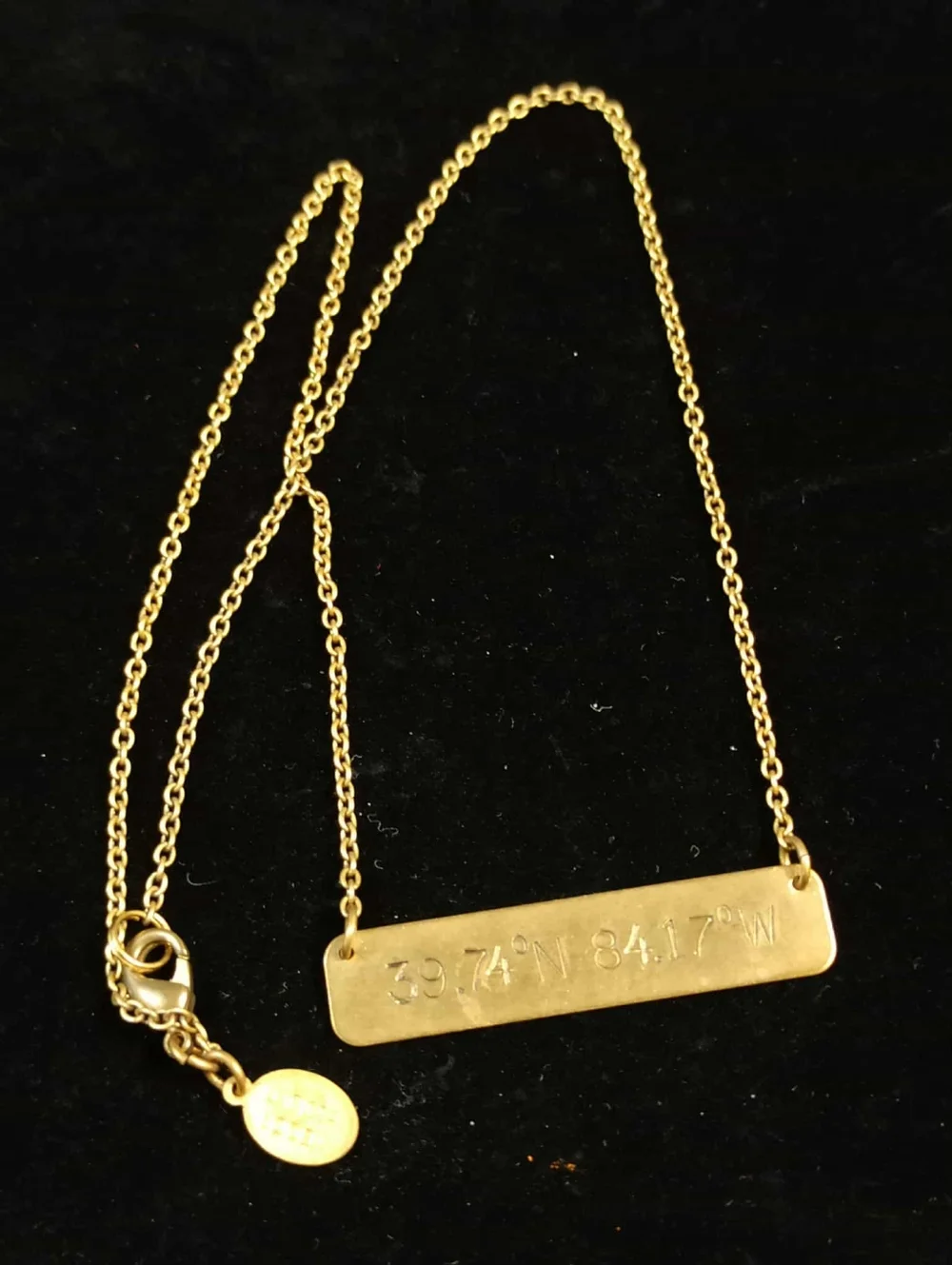 LARISSA LODEN gold tone coordinate bar necklace 39.74N 84.17W minimalist engrave
